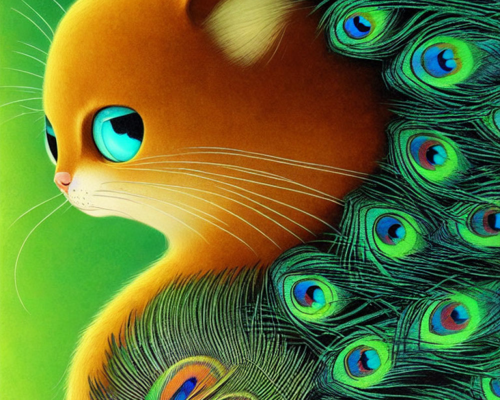 Colorful digital artwork: orange cat with peacock feather tail