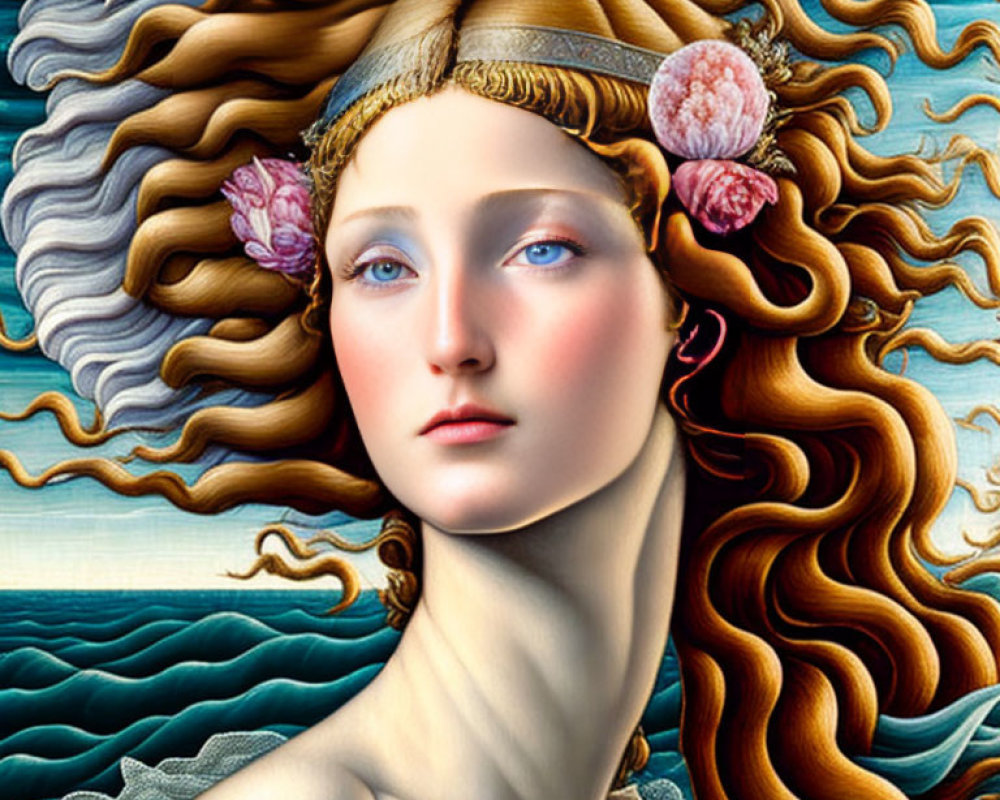 Surreal digital art: Woman with wavy hair & sea elements