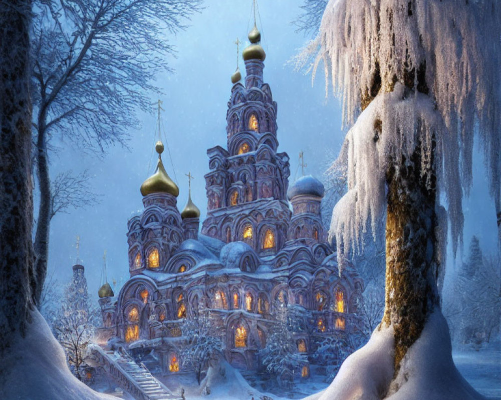 Snowy landscape with onion domes cathedral at twilight