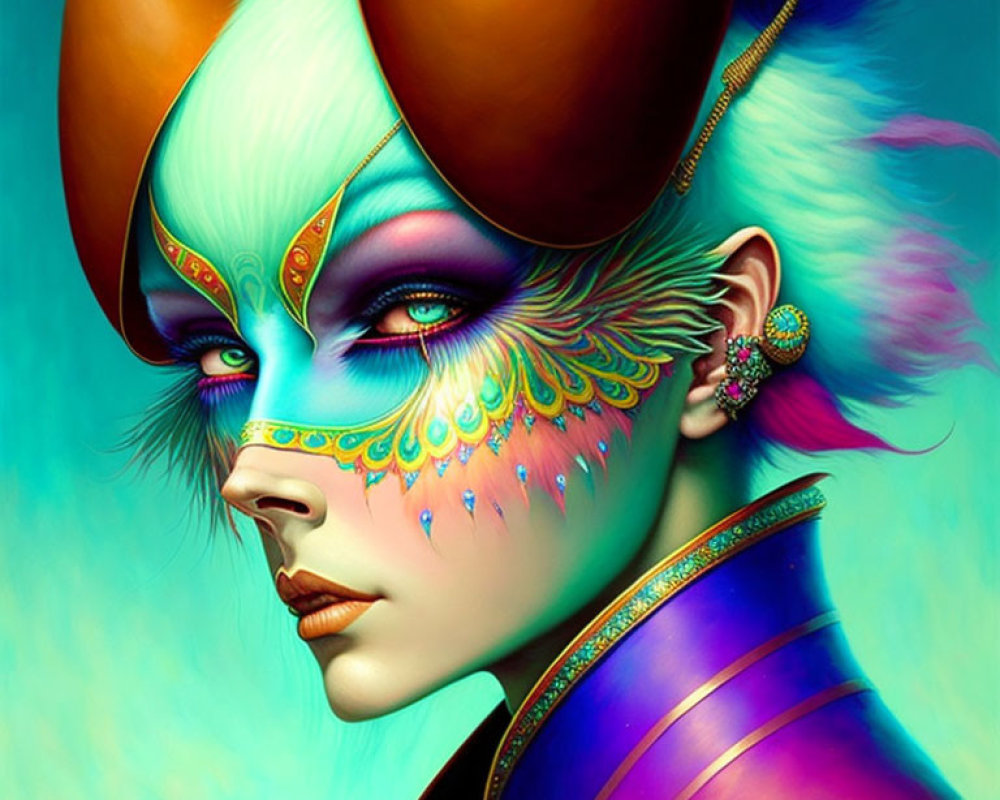 Vibrant woman with blue, green, and gold makeup and headdress