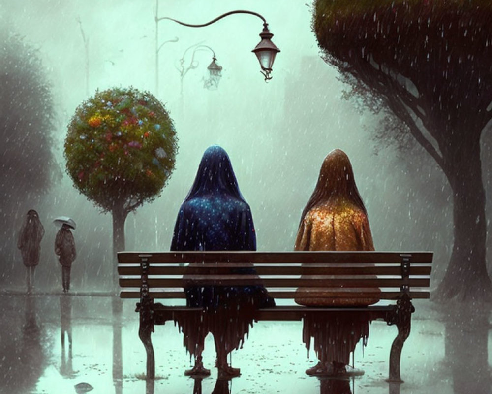 Three Cloaked Figures Sitting on Bench in Rain Beside Lamp Post