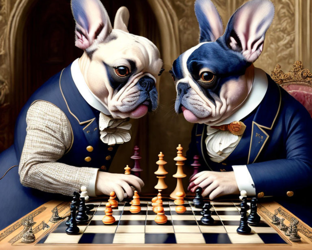 Anthropomorphic French Bulldogs Playing Chess in Suits Against Ornate Interior