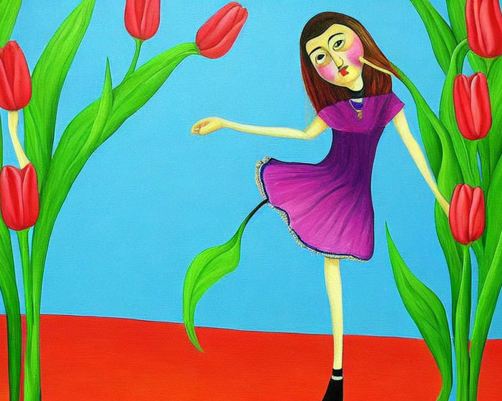 Colorful painting of stylized girl dancing among red tulips on blue background.