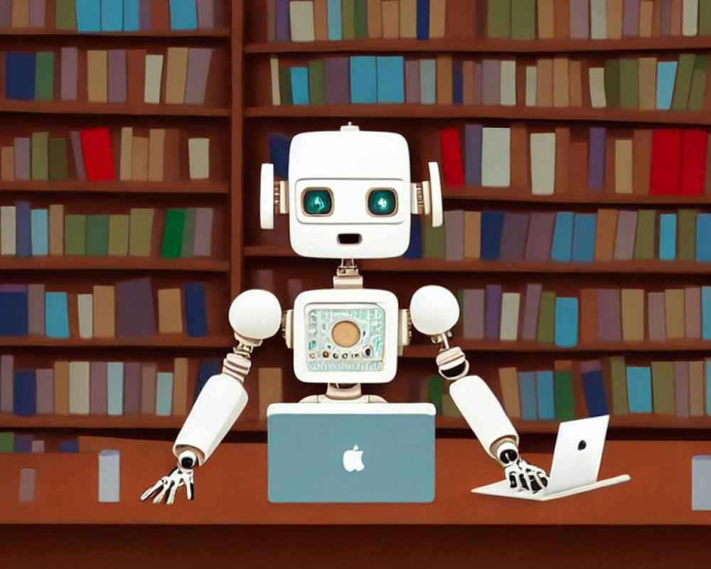White and teal robot at wooden desk with laptop and bookshelf full of books