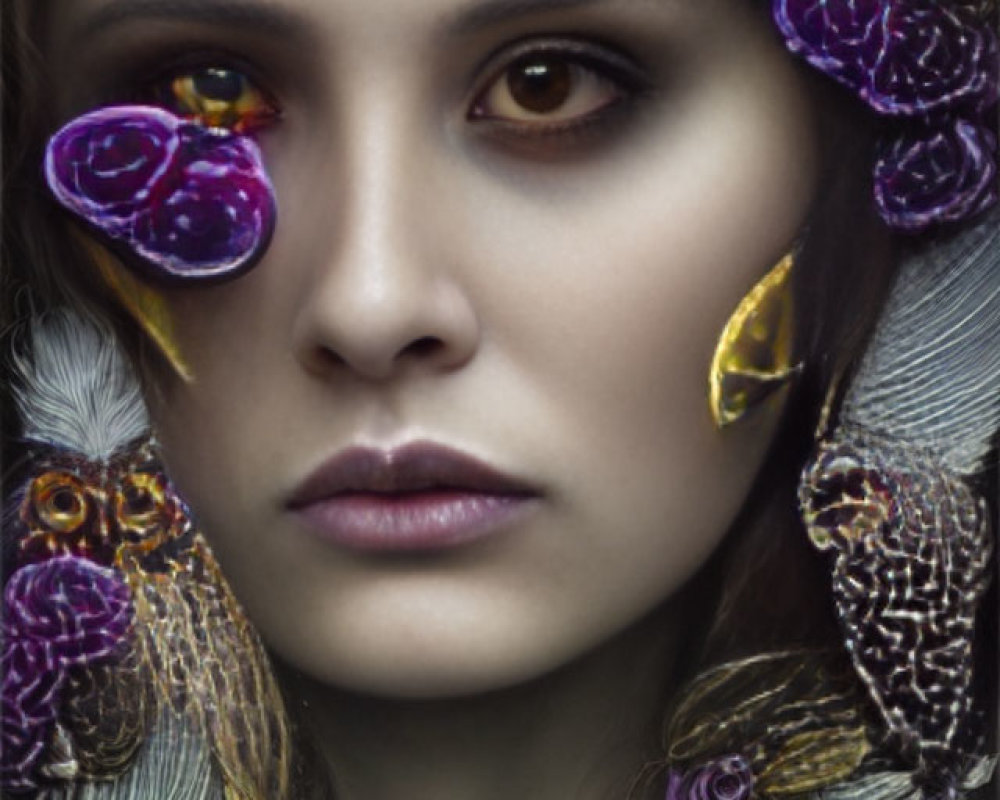 Surreal portrait of woman with vibrant purple flowers and intricate textures