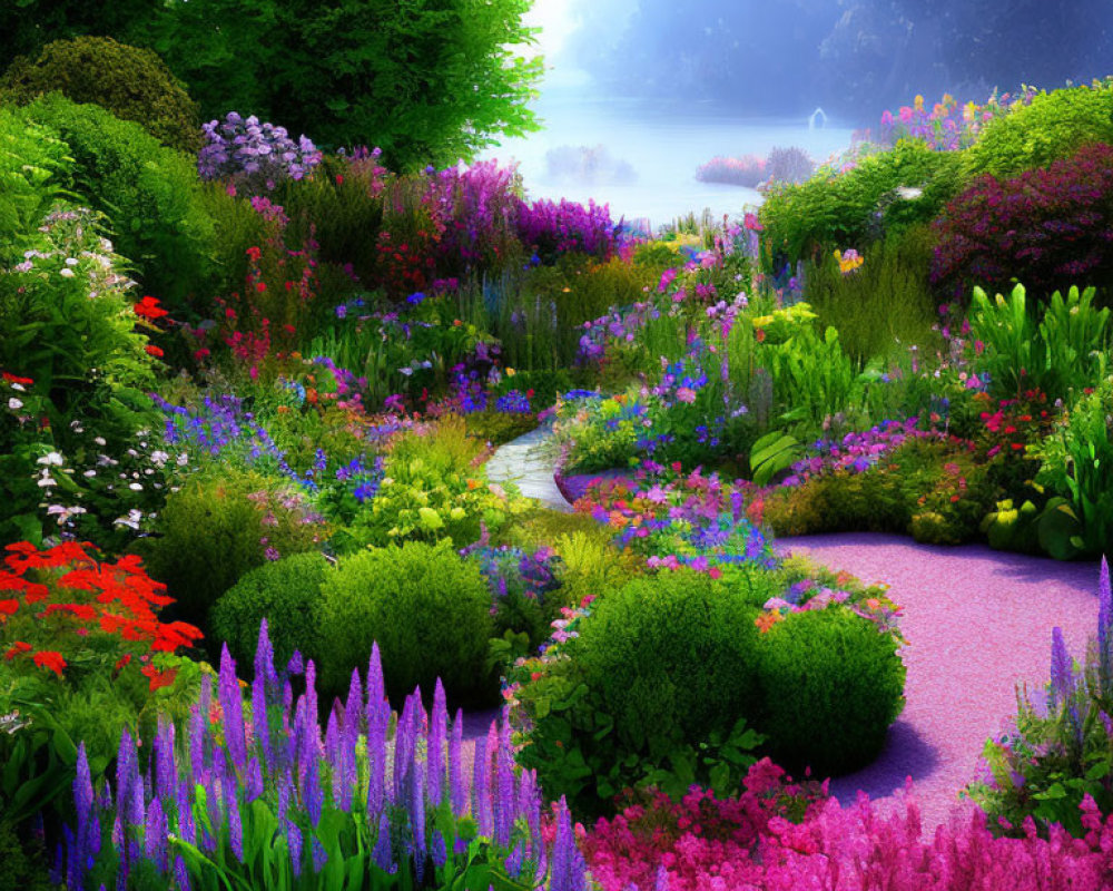 Colorful Flower-lined Garden Path with Mystical Lighting