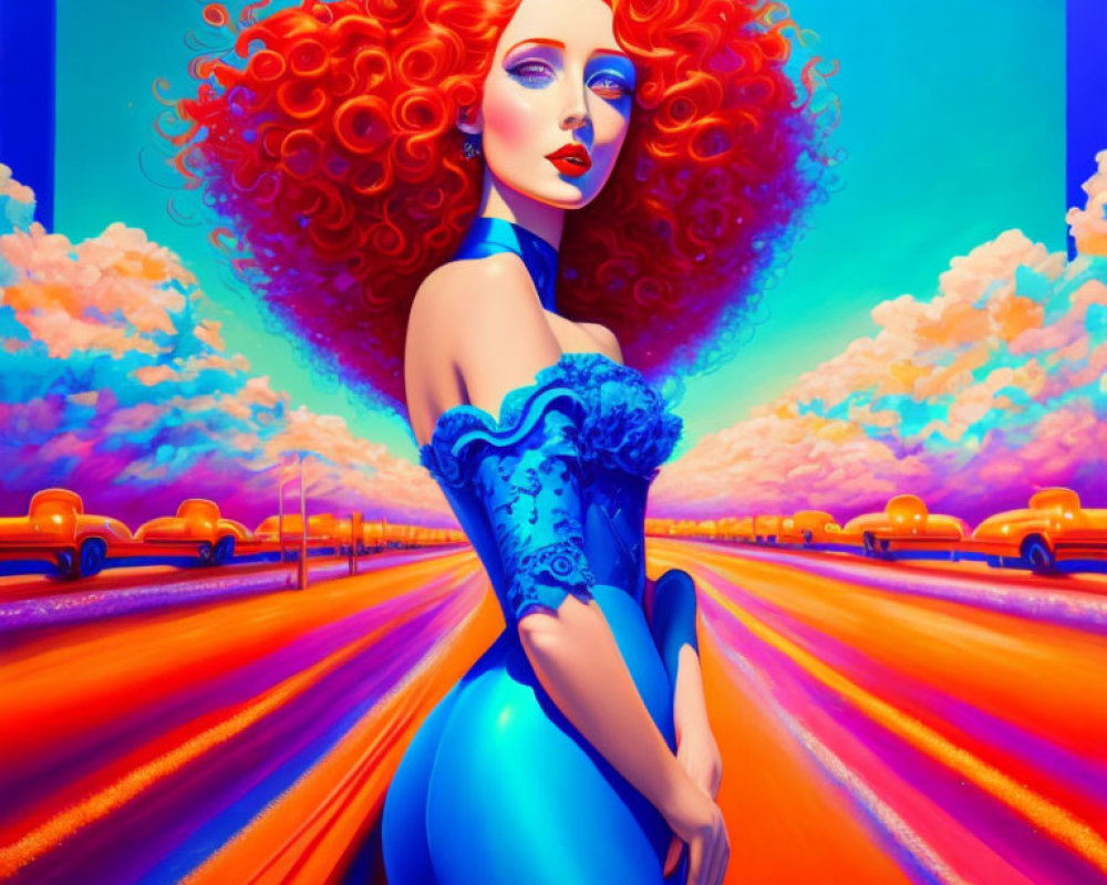 Colorful illustration: Woman with red curly hair in blue dress on vibrant, surreal road.