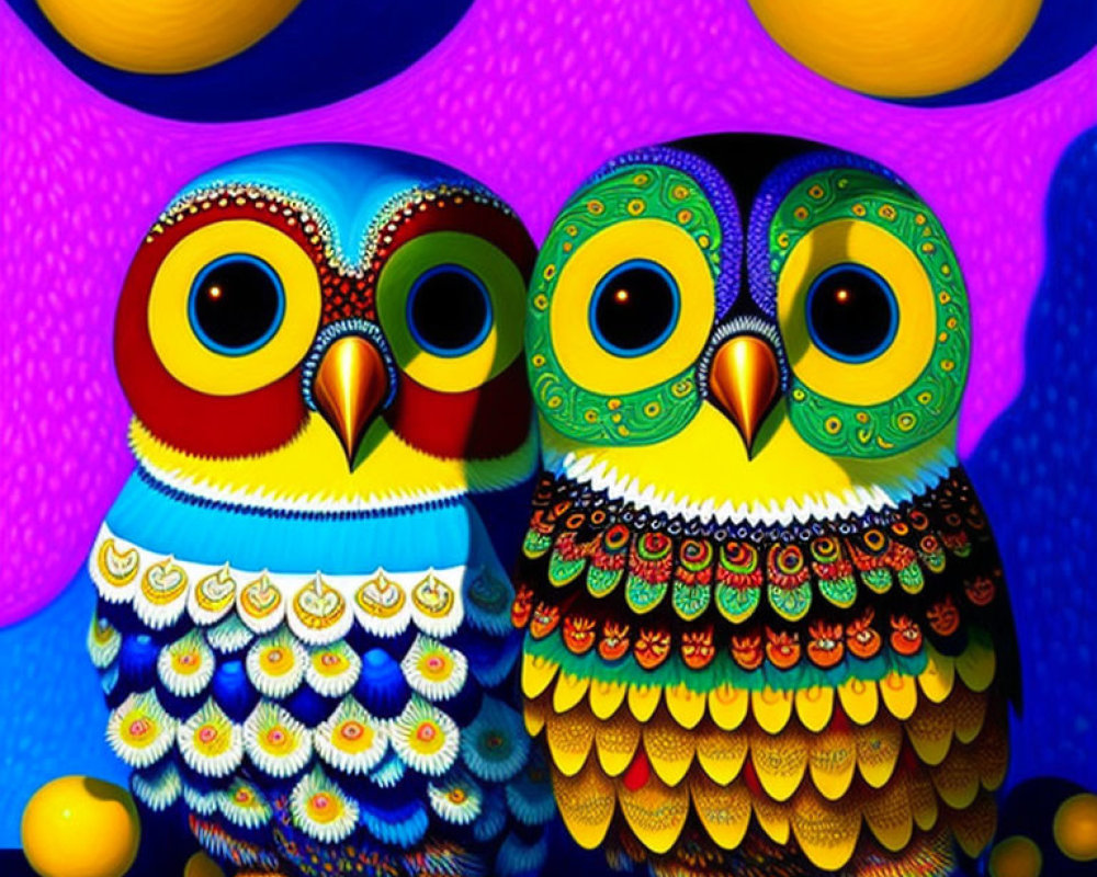 Colorful Stylized Owls Against Abstract Blue and Yellow Background