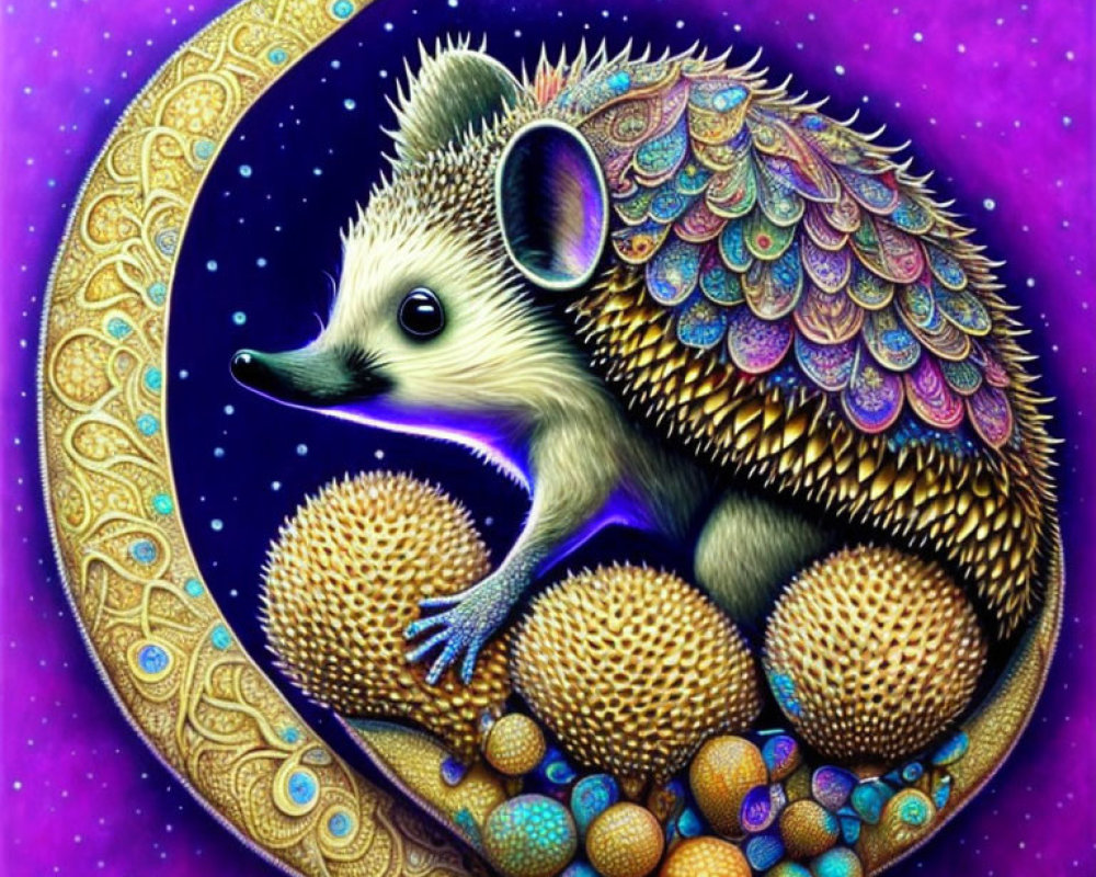 Colorful Stylized Hedgehog Illustration with Ornaments on Purple Background