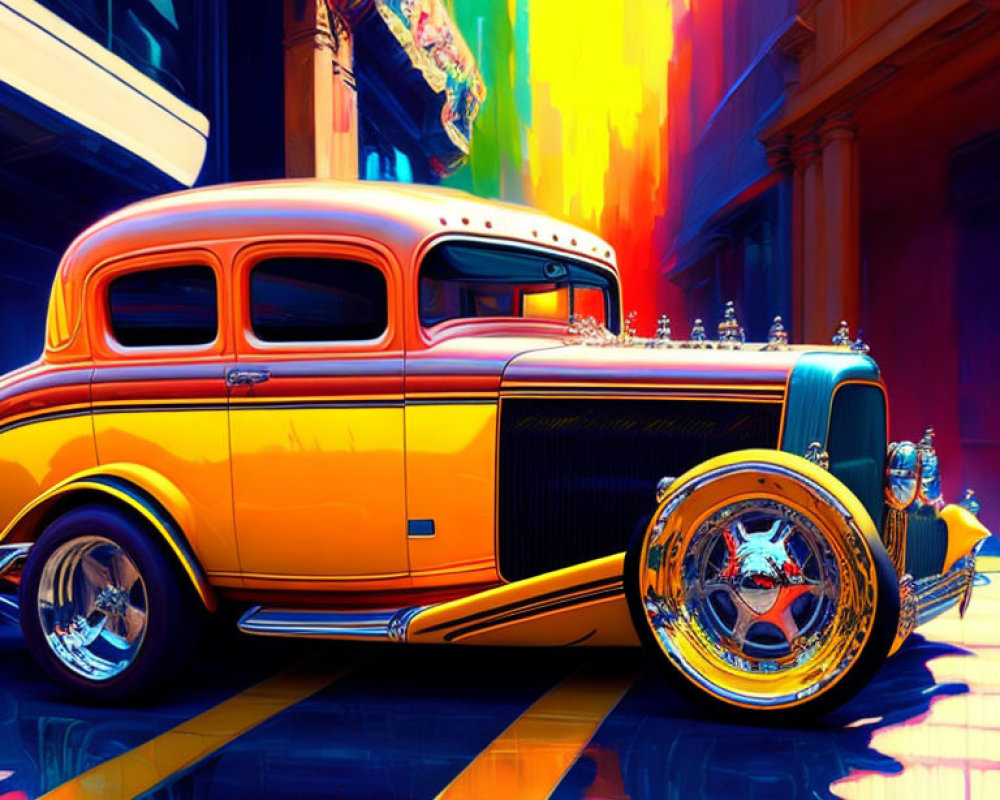 Vibrant digital artwork: classic car with chromed details in abstract urban setting