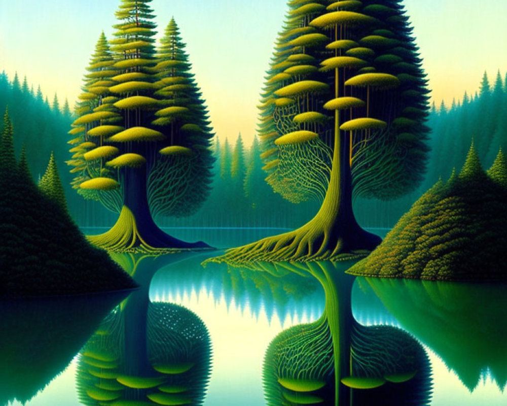 Surreal Landscape with Towering Trees Reflected in Calm Lake