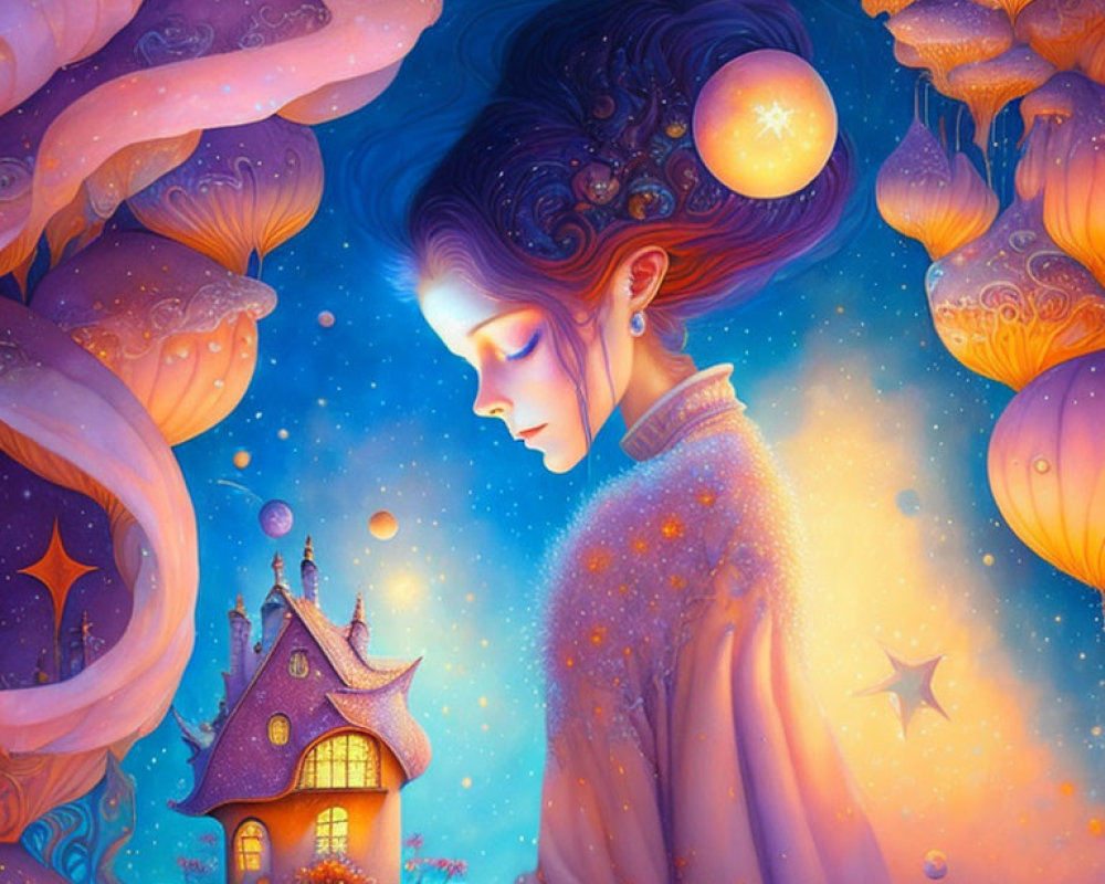 Starry woman holding glowing miniature house in mystical setting