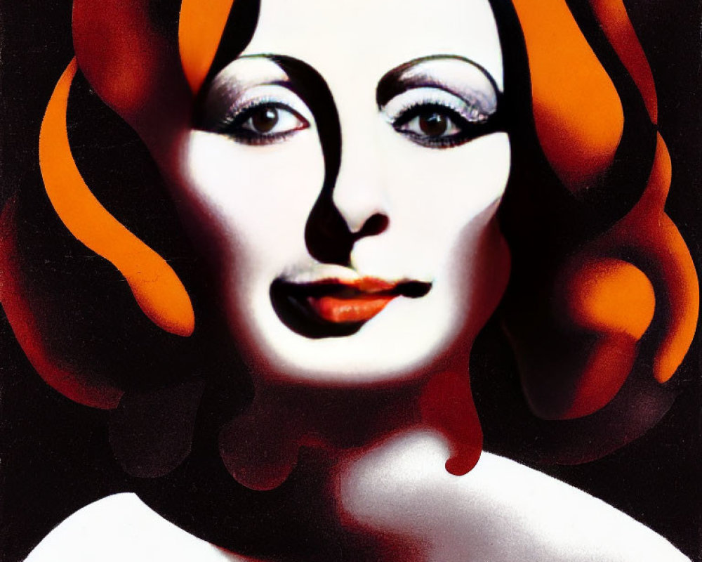 Modern graphic portrait of woman with white makeup and red lips on black background