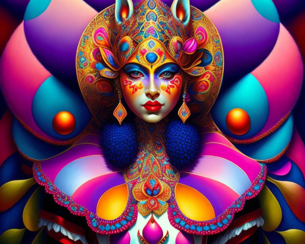 Colorful symmetrical goddess figure with multiple eyes and ornate headdress
