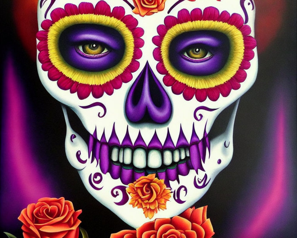 Vibrant Day of the Dead skull with purple eyes and floral backdrop