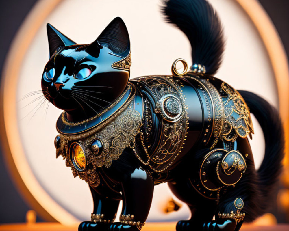 Black Cat Figurine with Gold and Gemstone Accents on Circular Backdrop