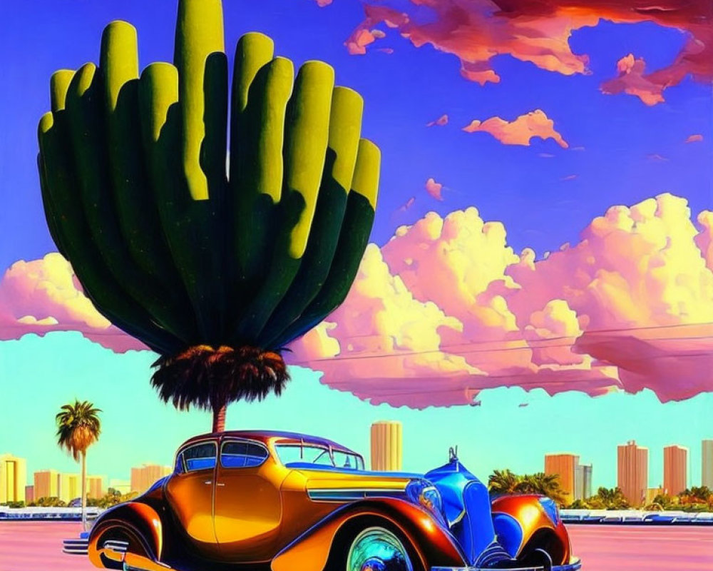 Vibrant classic car and green cactus in hand shape illustration