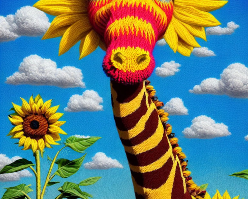Whimsical giraffe-bodied creature with sunflower head on blue sky background