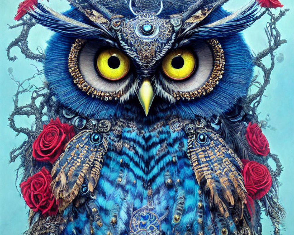 Detailed Owl Artwork with Blue Feathers, Yellow Eyes, and Red Roses in Twisted Branches