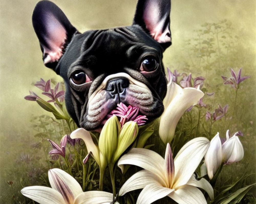 Black French Bulldog with Bat-Like Ears Sniffing Pink Flower in Field of White L