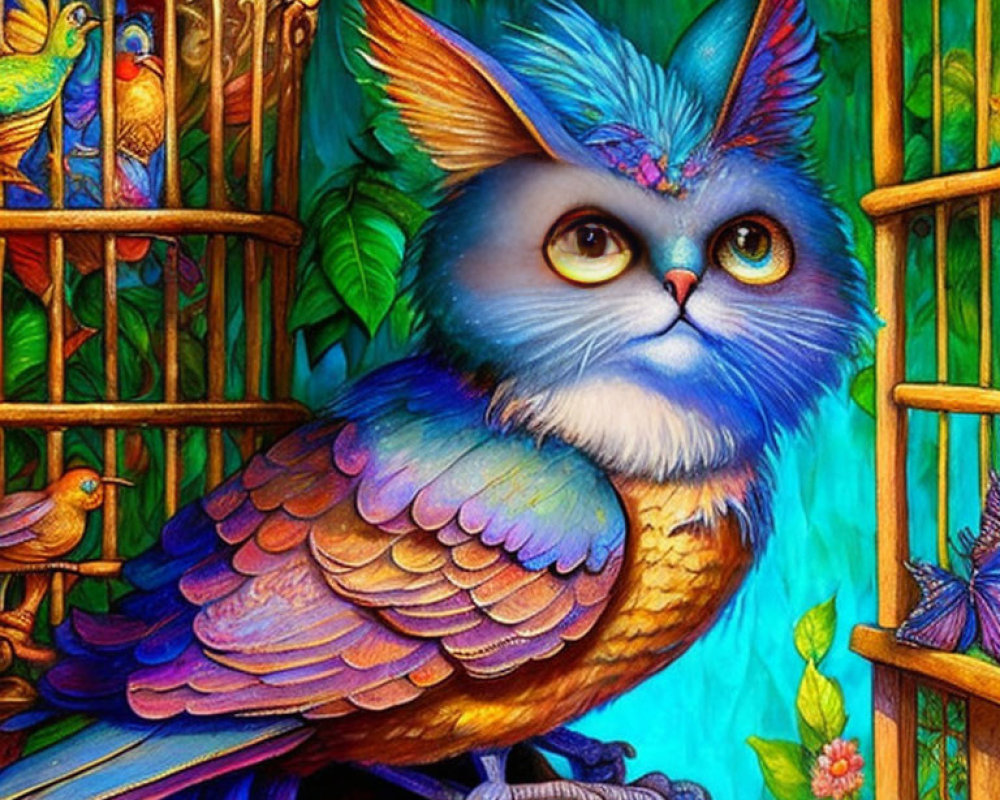 Colorful Owl Illustration in Ornate Cage with Blue Eyes and Foliage