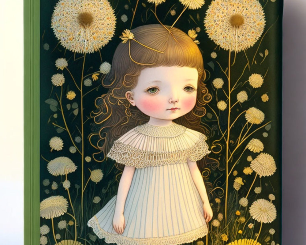 Whimsical young girl illustration with large eyes and dandelions