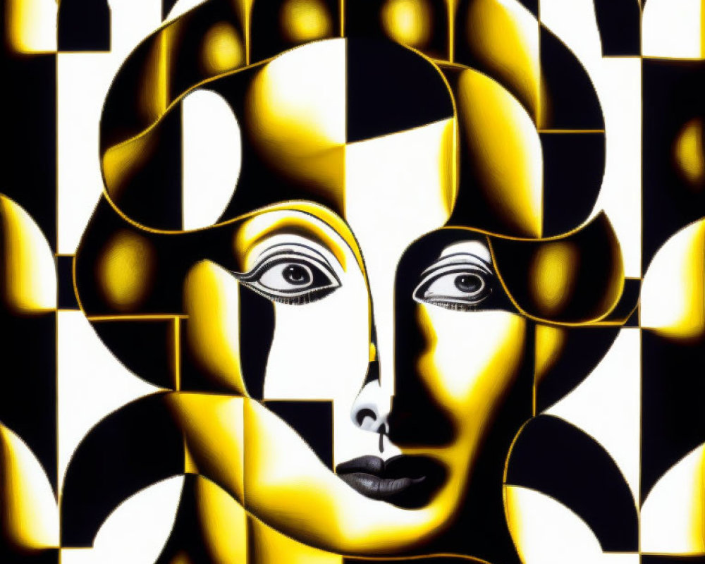 Monochrome checkered pattern with distorted female face illusion