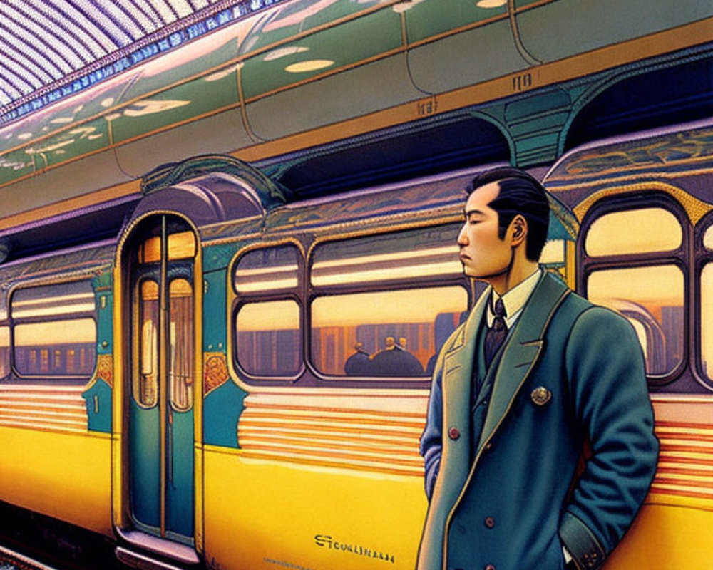 Colorful illustration of man in suit at train station with detailed train and roof