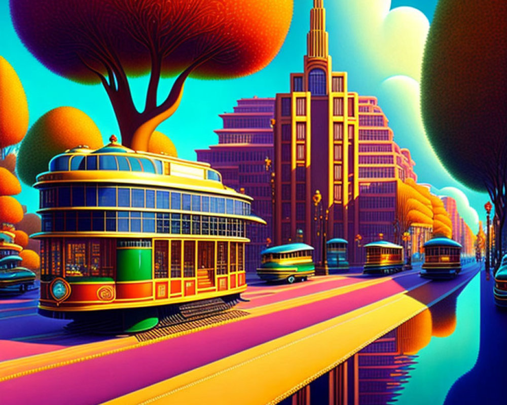 Colorful art deco cityscape with autumnal trees, diner, and streetcars in vivid blues,