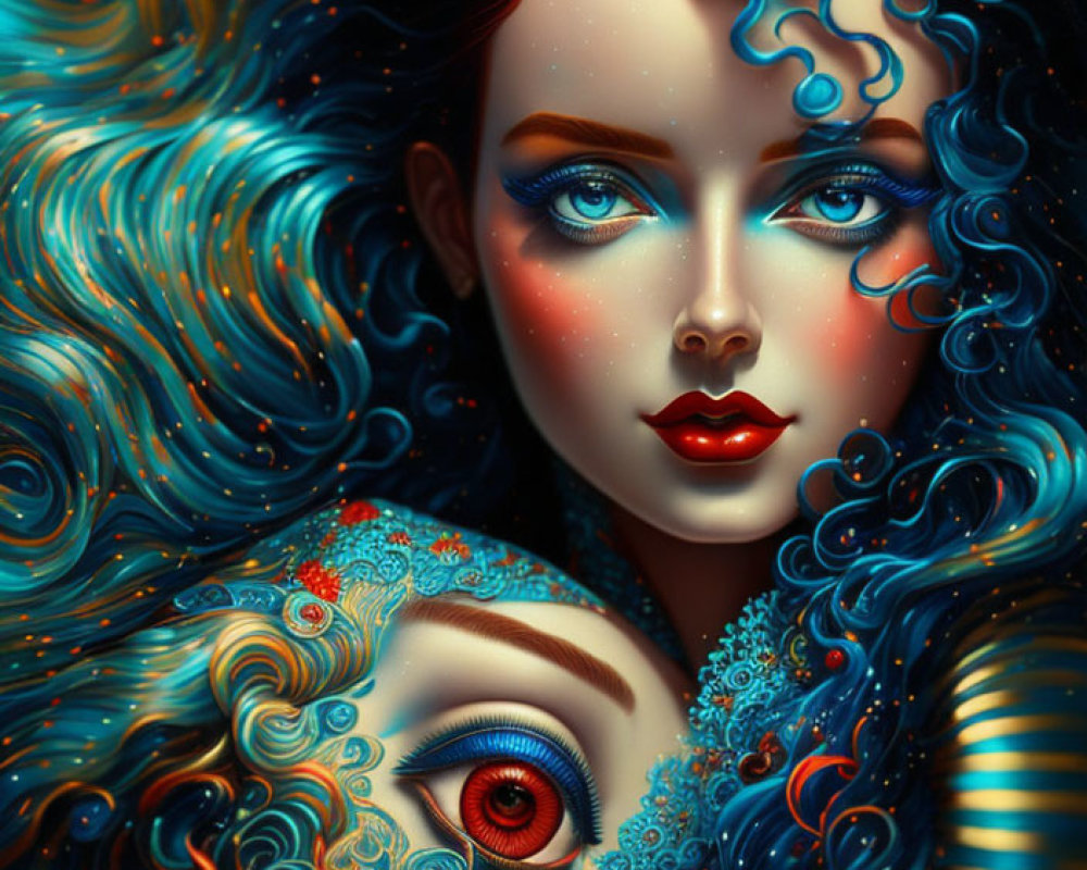 Detailed illustration of two women with blue curls and red lips