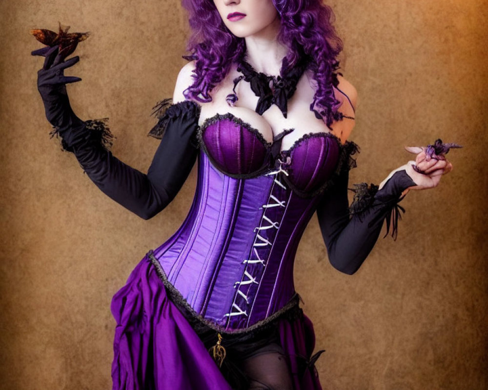 Purple and Black Witch Costume with Corset, Hat, and Wig on Warm Background