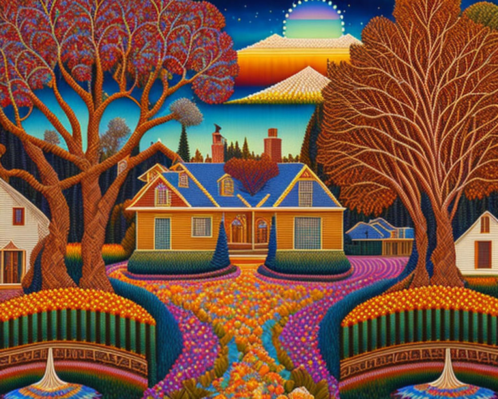 Colorful artwork of whimsical landscape with patterned trees, house, floral hills, and sunset sky