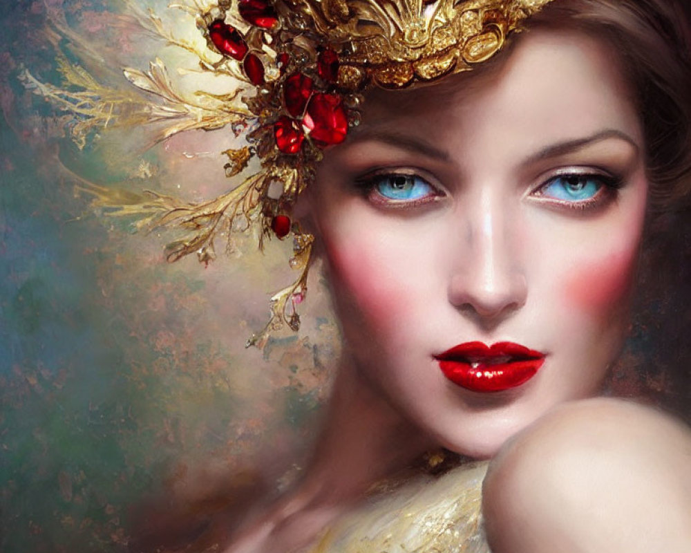 Portrait of Woman with Striking Blue Eyes and Red Lips