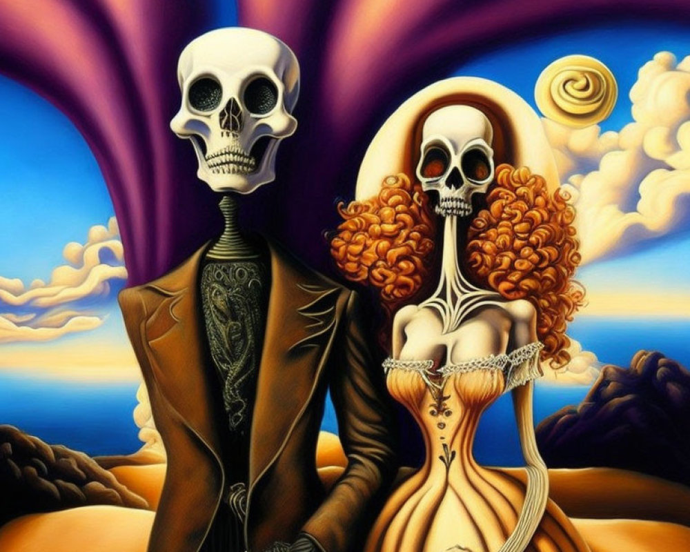 Skeletal Couple in Elegant Attire with Surreal Día de Muertos Theme
