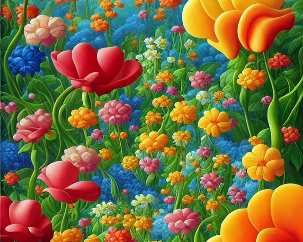 Colorful Painting of Lush Garden with Oversized Flowers