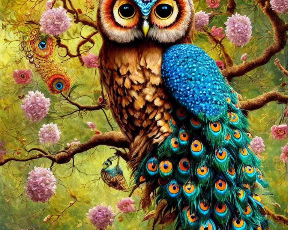 Colorful Owl with Peacock Feathers in Vibrant Forest Setting