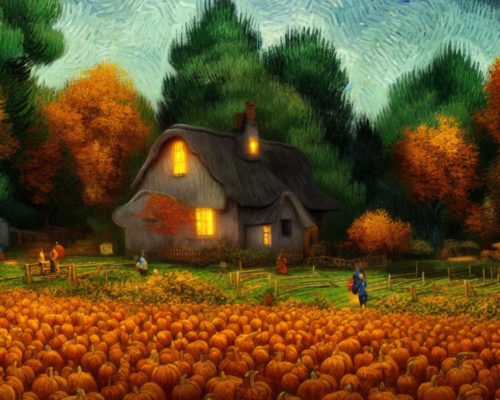 Quaint cottage in pumpkin field under starry sky