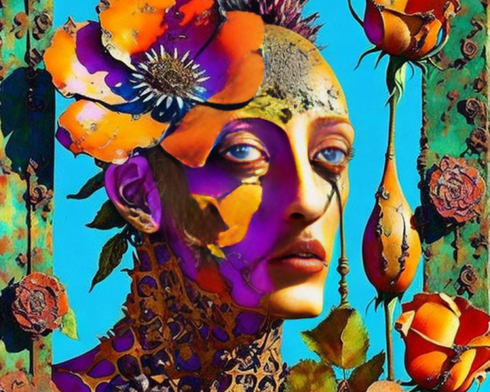 Colorful digital collage featuring female face with floral adornments on blue background
