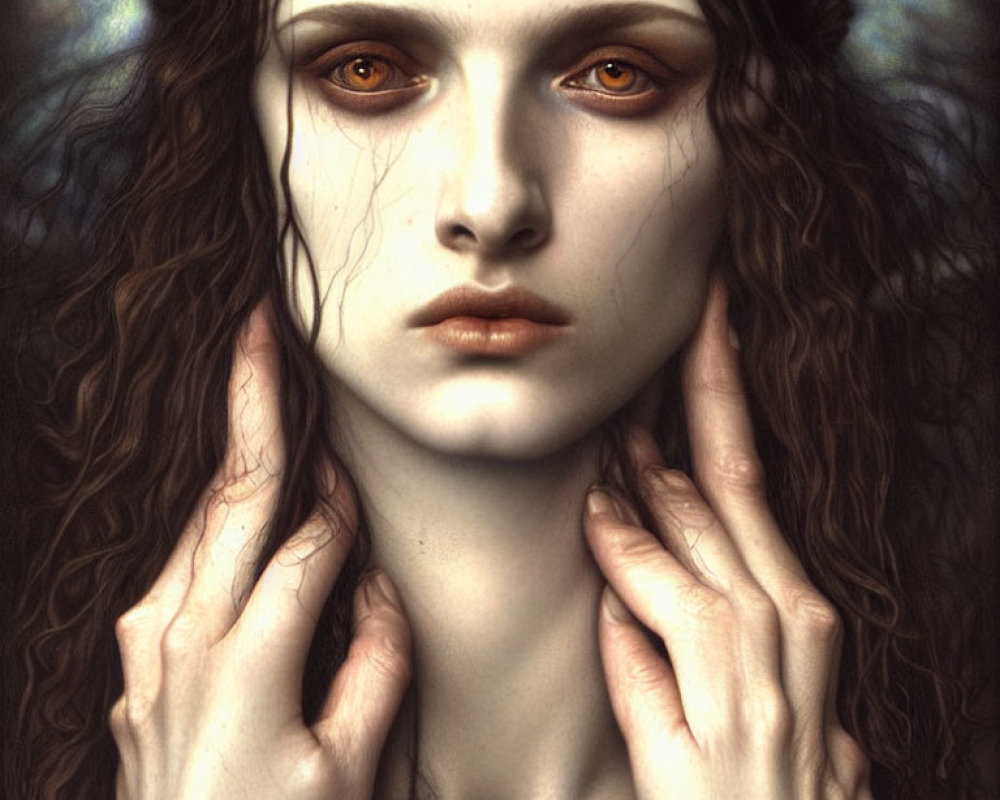 Close-up portrait of woman with amber eyes, wavy brown hair, pale skin, and ethereal
