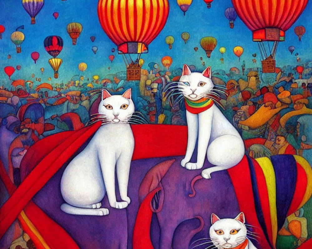 Three White Cats on Colorful Hot Air Balloon Basket with Sky Full of Balloons