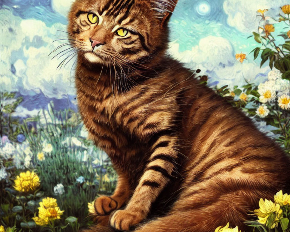 Digital Image: Cat with Human-Like Eyes in Vibrant Flower Field