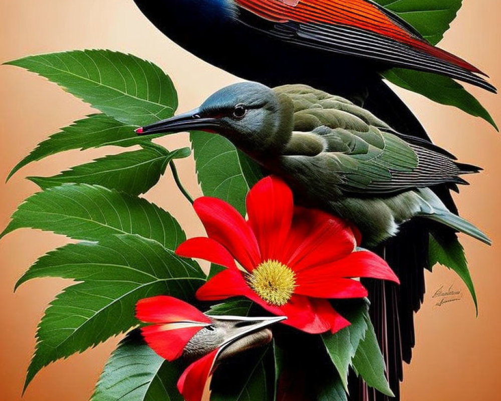 Colorful birds perched among green leaves and red flower.