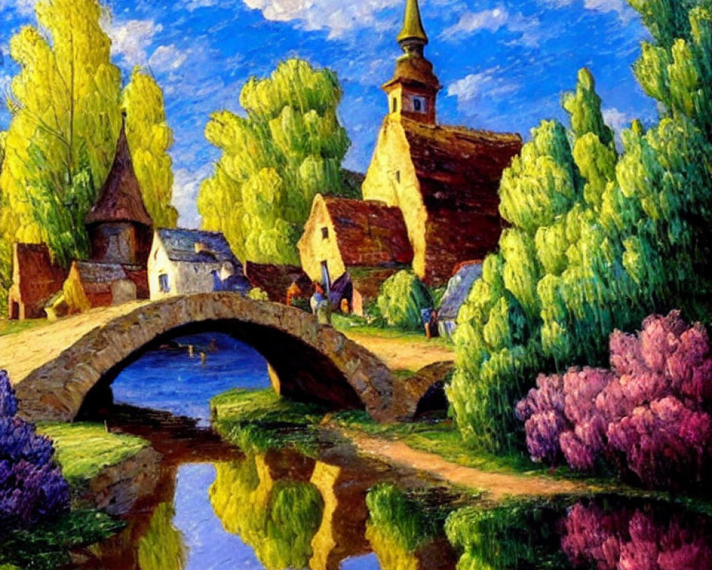 Colorful impressionist village painting with stone bridge, river, and lush trees under blue sky