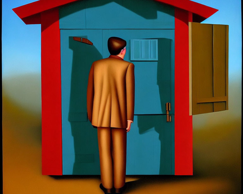 Surreal painting of man at oversized keyhole in red house