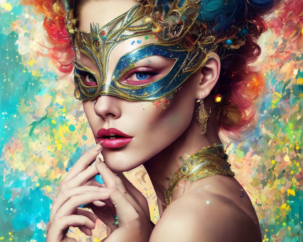 Colorful Rainbow Hair and Golden Masquerade Mask on Splattered Background