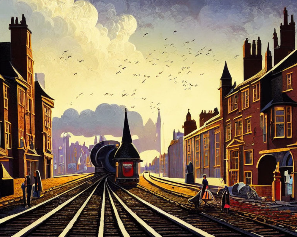 Vintage-style illustration of street with tram, railway tracks, classic buildings, dramatic sky, people walking