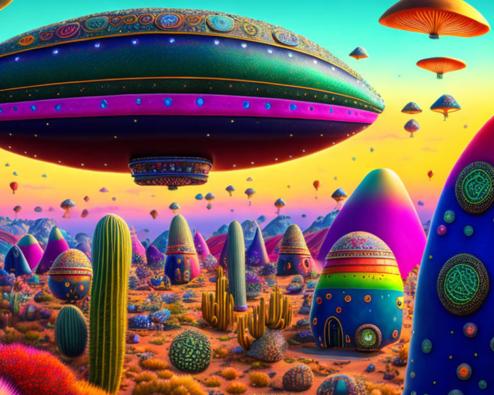 Colorful Psychedelic Landscape with Mushrooms, Cacti, and UFOs