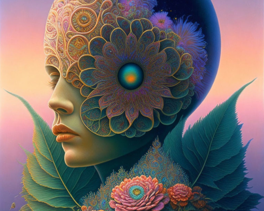 Surreal portrait: person with floral head, dark moon, feathers, flowers