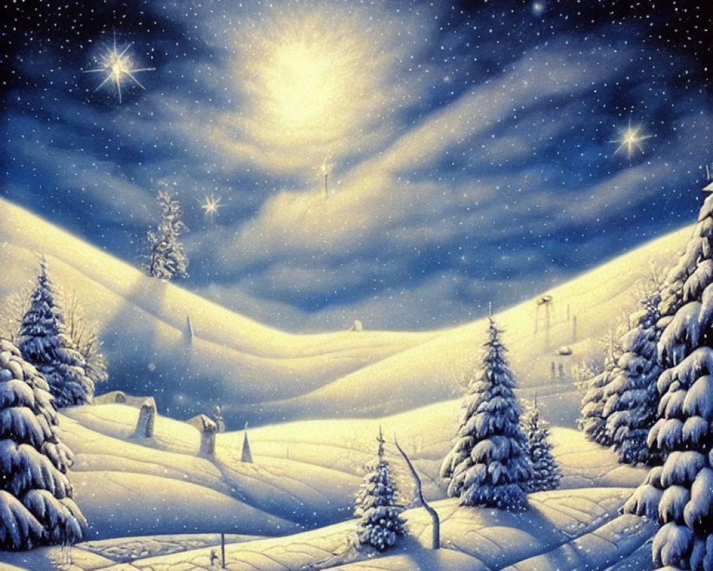 Snow-covered hills, pine trees, and starry sky in serene winter night landscape