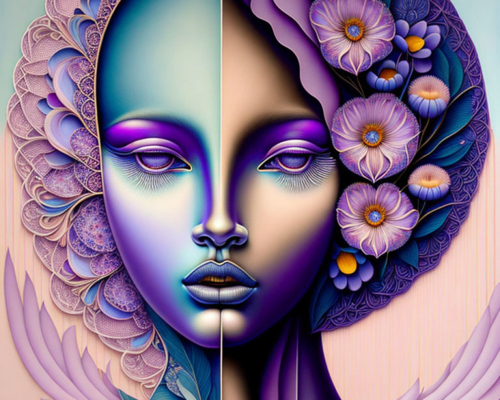 Split-face Artwork: Realistic Human vs. Floral Peacock Design